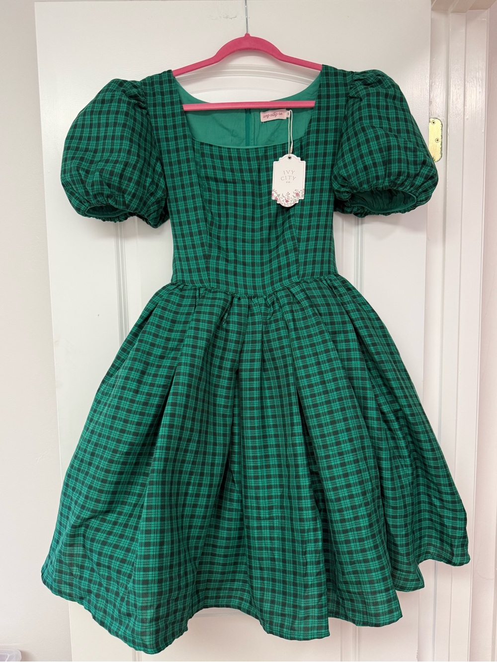 Ivy City Co Cupcake Dress in Bright Green Plaid with pockets!